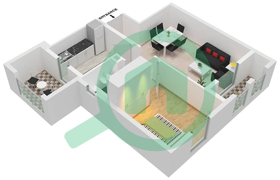 阿尔海尔门1期 - 1 卧室公寓类型／单位3/111戶型图 interactive3D