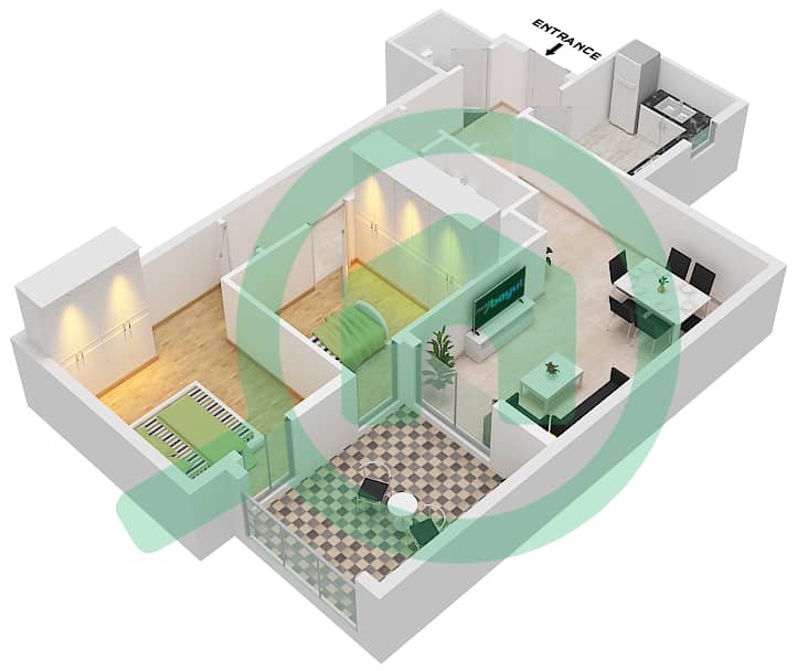 Al Khail Gate Phase 1 - 2 Bedroom Apartment Type/unit 3/114 Floor plan interactive3D