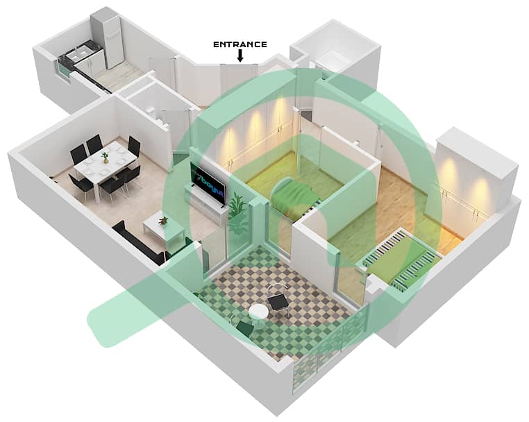 Al Khail Gate Phase 1 - 2 Bedroom Apartment Type/unit 3/116 Floor plan interactive3D