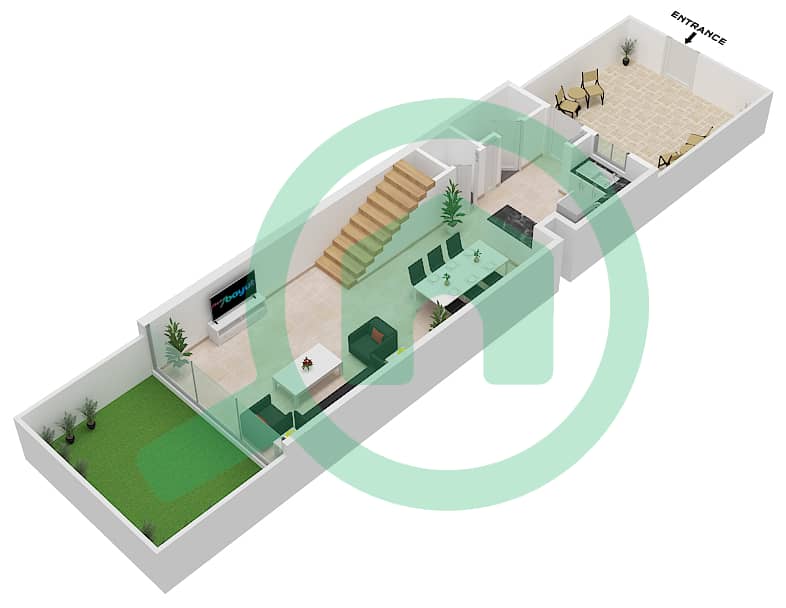 المخططات الطابقية لتصميم النموذج A تاون هاوس 2 غرفة نوم - ركان 3 Ground Floor interactive3D