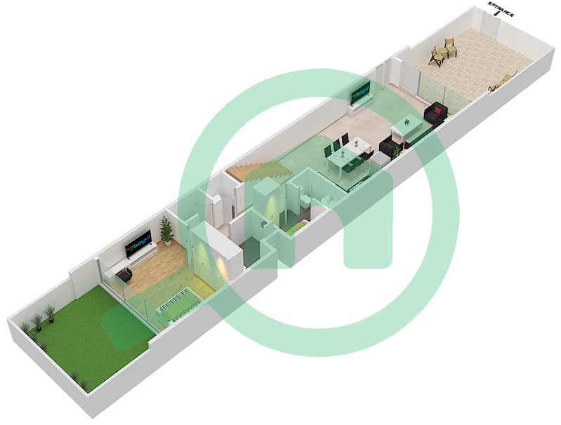 المخططات الطابقية لتصميم النموذج E تاون هاوس 3 غرف نوم - ركان 3 Ground Floor interactive3D