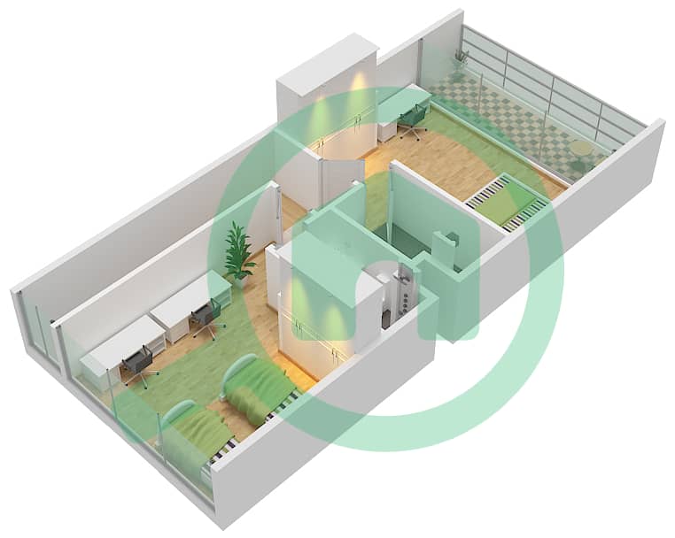 المخططات الطابقية لتصميم النموذج B تاون هاوس 2 غرفة نوم - ركان 3 First Floo interactive3D