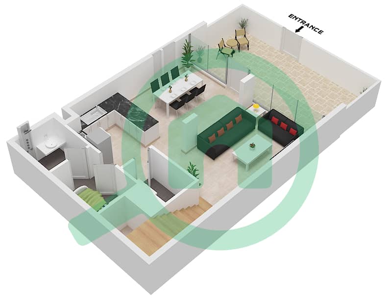 المخططات الطابقية لتصميم النموذج C تاون هاوس 2 غرفة نوم - ركان 3 Ground Floor interactive3D