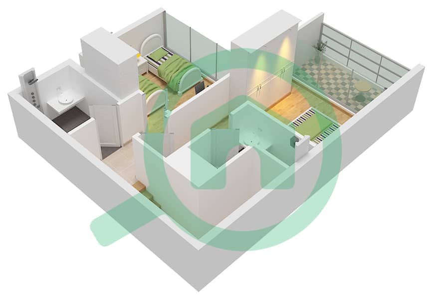 المخططات الطابقية لتصميم النموذج C تاون هاوس 2 غرفة نوم - ركان 3 First Floor interactive3D
