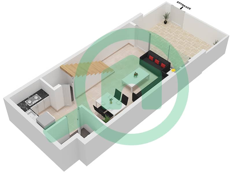 المخططات الطابقية لتصميم النموذج A تاون هاوس 1 غرفة نوم - ركان 3 Ground Floor interactive3D