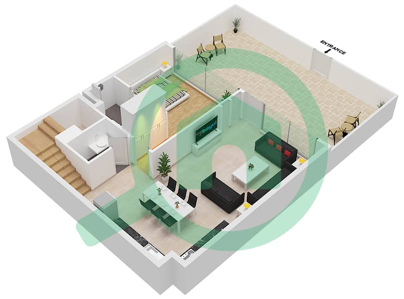 المخططات الطابقية لتصميم النموذج A تاون هاوس 3 غرف نوم - ركان 3 Ground Floor interactive3D