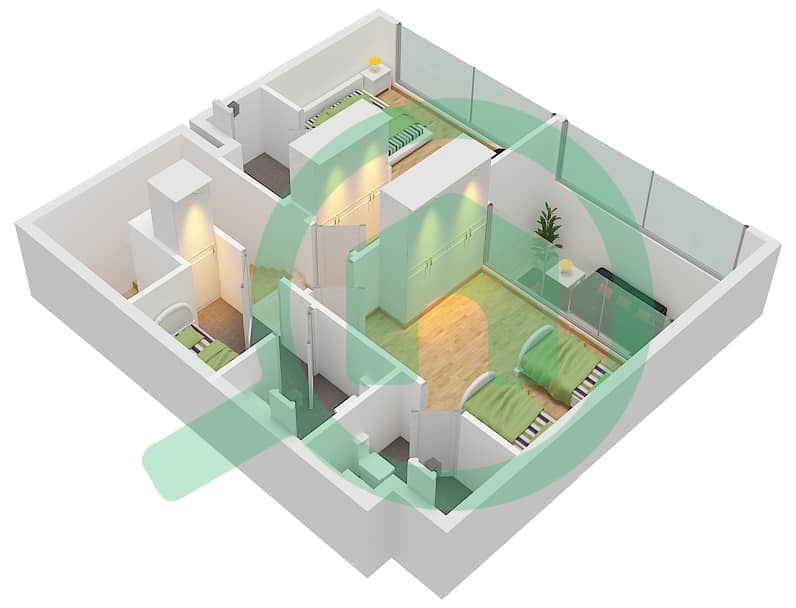المخططات الطابقية لتصميم النموذج A تاون هاوس 3 غرف نوم - ركان 3 First Floor interactive3D