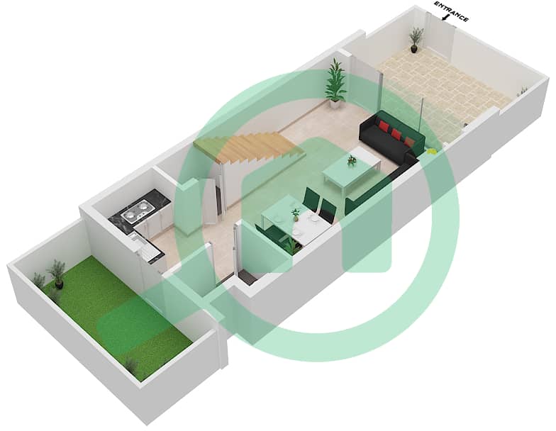 المخططات الطابقية لتصميم النموذج B تاون هاوس 1 غرفة نوم - ركان 3 Ground Floor interactive3D
