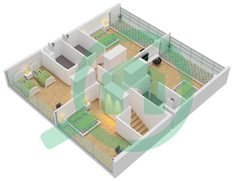 المخططات الطابقية لتصميم النموذج A تاون هاوس 4 غرف نوم - ركان 3 First Floor` interactive3D