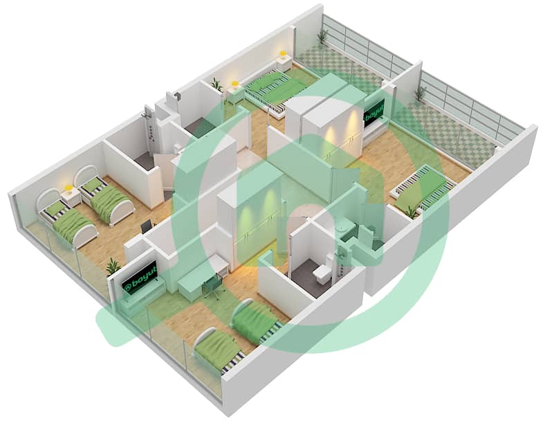 المخططات الطابقية لتصميم النموذج A تاون هاوس 4 غرف نوم - ركان 3 First Floor interactive3D