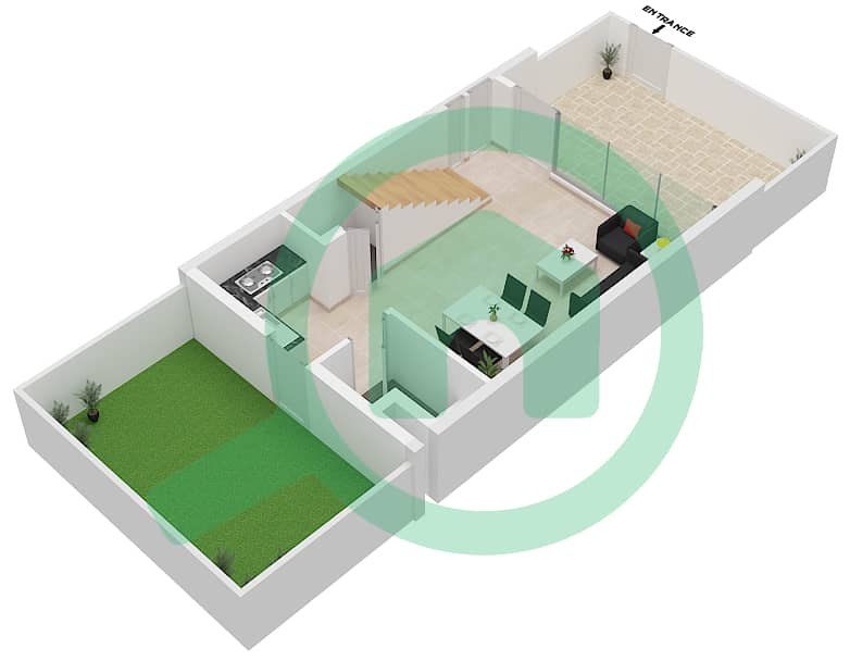 المخططات الطابقية لتصميم النموذج D تاون هاوس 1 غرفة نوم - ركان 3 Ground Floor interactive3D