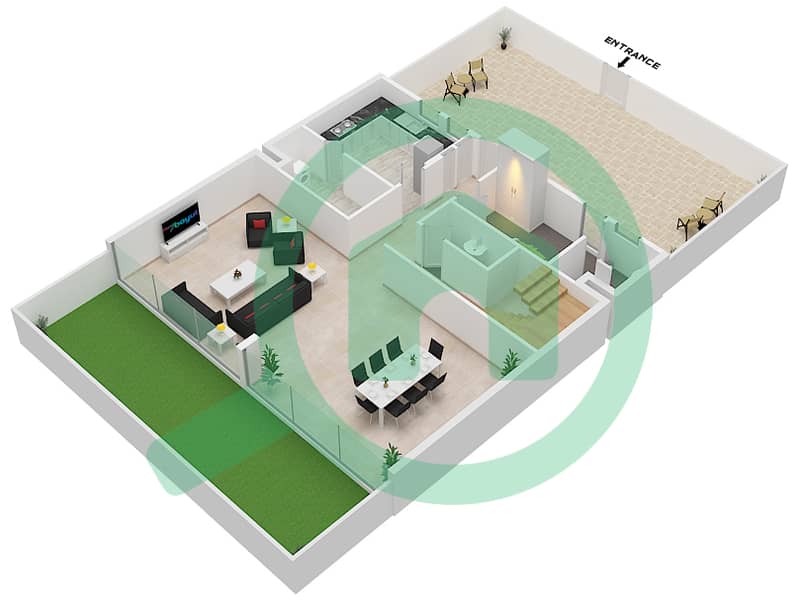 المخططات الطابقية لتصميم النموذج A تاون هاوس 4 غرف نوم - ركان 3 Ground Floor interactive3D