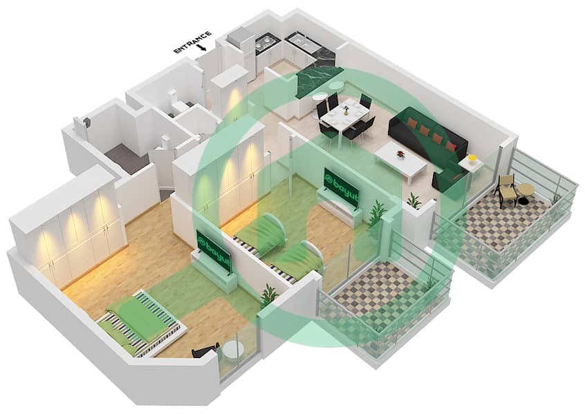 Ансам 1 - Апартамент 2 Cпальни планировка Тип D interactive3D