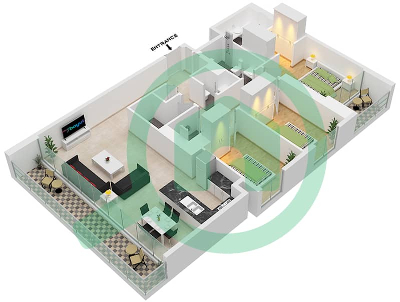 Creek Edge - 3 Bedroom Apartment Unit 9 Floor plan Floor -1 interactive3D