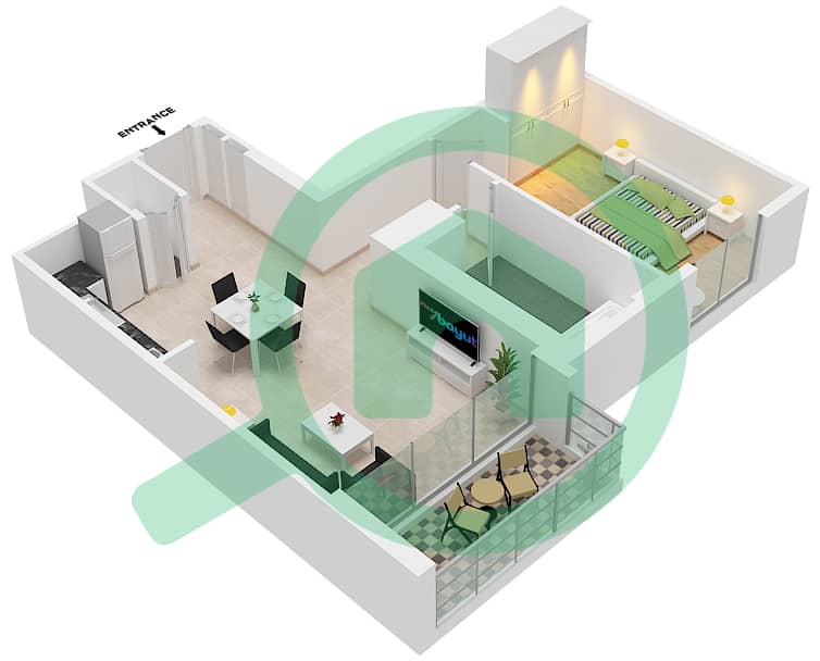 المخططات الطابقية لتصميم الوحدة 1 شقة 1 غرفة نوم - كريك إيدج Floor 1 interactive3D