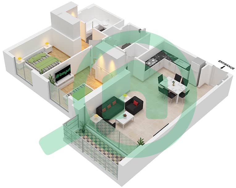 المخططات الطابقية لتصميم الوحدة 3 شقة 2 غرفة نوم - كريك إيدج Floor 2 interactive3D