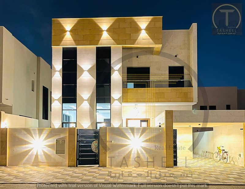 Snapshot price, without down payment, one of the most luxurious villas in Ajman, with a palace design, super deluxe finishes, and personal building, w