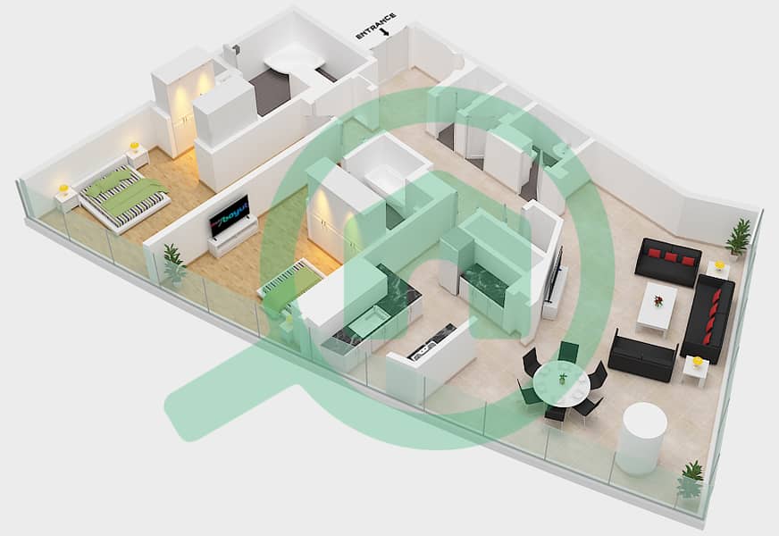 المخططات الطابقية لتصميم النموذج F شقة 2 غرفة نوم - مساكن جميرا ليفنج بالمركز التجاري العالمي interactive3D