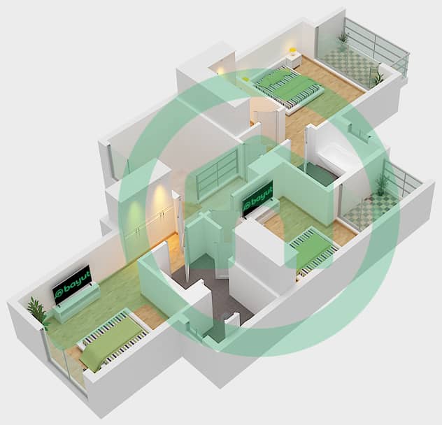 المخططات الطابقية لتصميم النموذج 2M شقة 3 غرف نوم - ميبل 1 interactive3D
