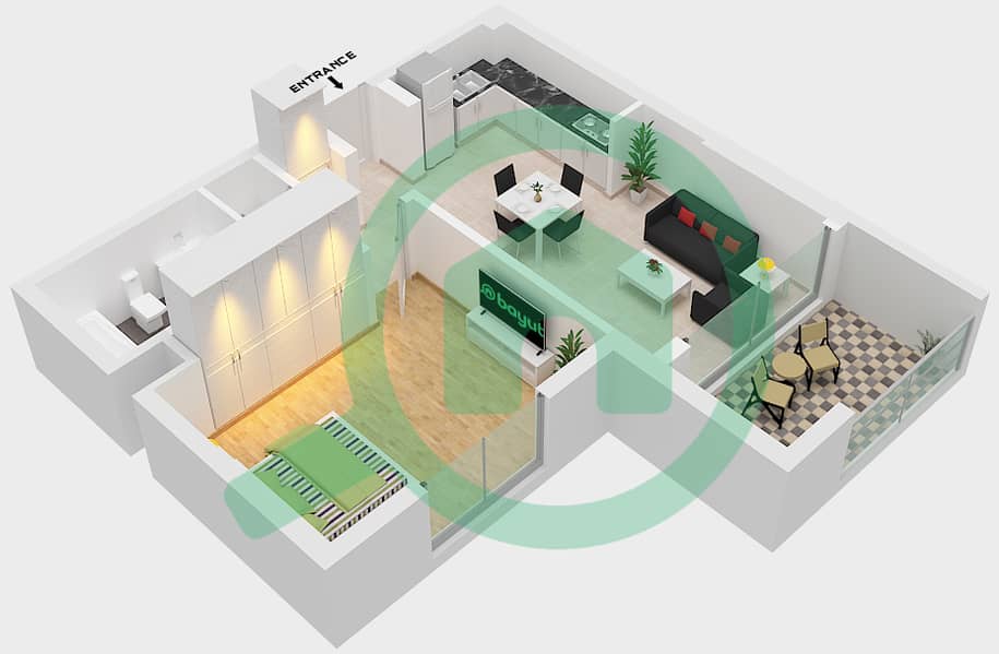 المخططات الطابقية لتصميم النموذج / الوحدة A/1 شقة 1 غرفة نوم - جنة 2 - الساحة الرئيسية interactive3D