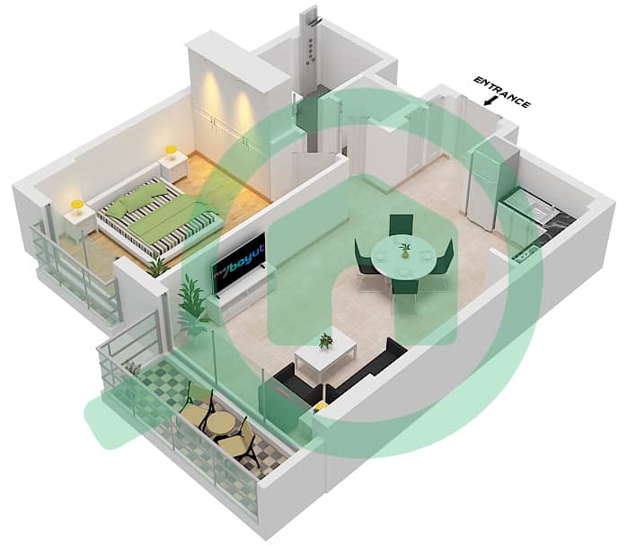 Миртл - Апартамент 1 Спальня планировка Тип A2-FLOOR 2-7 interactive3D