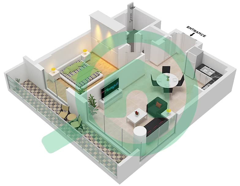 المخططات الطابقية لتصميم النموذج B2-FLOOR 1 شقة 1 غرفة نوم - ميرتل interactive3D