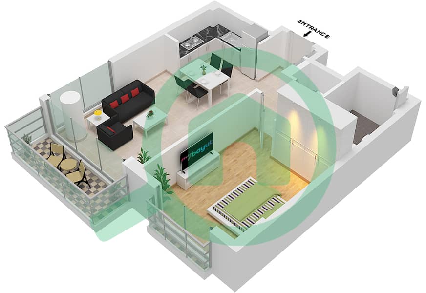 المخططات الطابقية لتصميم النموذج B3(M)-FLOOR 2-7 شقة 1 غرفة نوم - ميرتل interactive3D