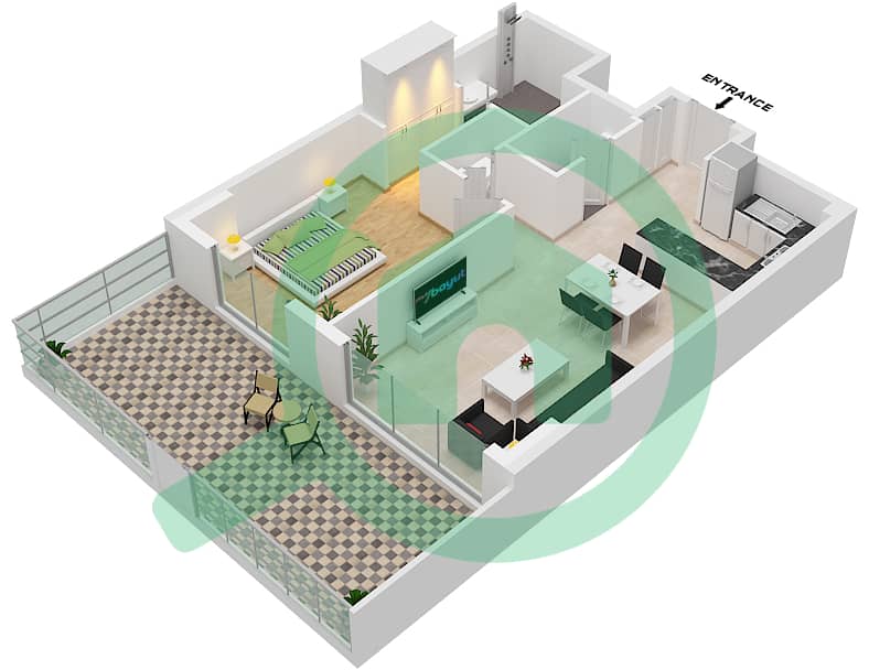 المخططات الطابقية لتصميم النموذج C1-FLOOR 1 شقة 1 غرفة نوم - ميرتل interactive3D