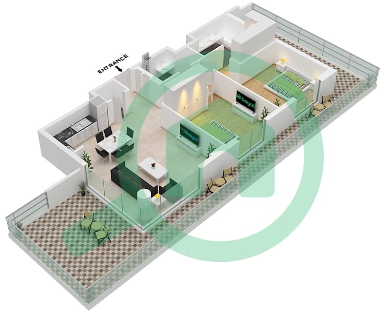المخططات الطابقية لتصميم النموذج A2-FLOOR 1 شقة 2 غرفة نوم - ميرتل interactive3D
