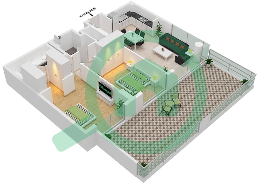 المخططات الطابقية لتصميم النموذج B1-FLOOR 01 شقة 2 غرفة نوم - ميرتل interactive3D