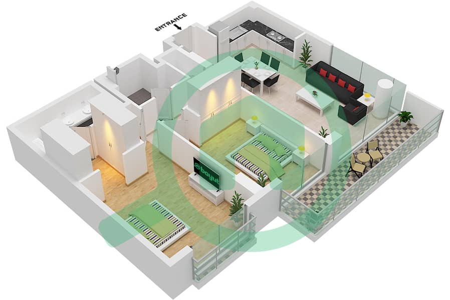 المخططات الطابقية لتصميم النموذج B2-FLOOR 2-7 شقة 2 غرفة نوم - ميرتل interactive3D