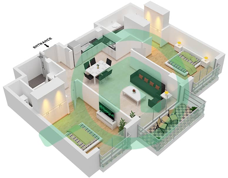المخططات الطابقية لتصميم النموذج C2-FLOOR 2-7 شقة 2 غرفة نوم - ميرتل interactive3D