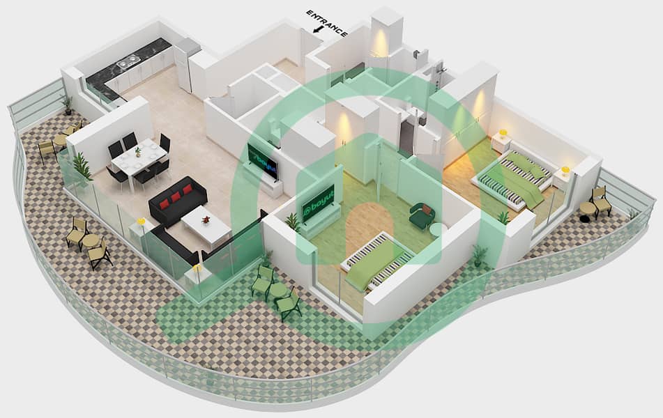 المخططات الطابقية لتصميم النموذج 5 / UNIT 4 TOWER B شقة 2 غرفة نوم - باي ريزيدنس Type 5 Unit 4 Floor 1-12 interactive3D