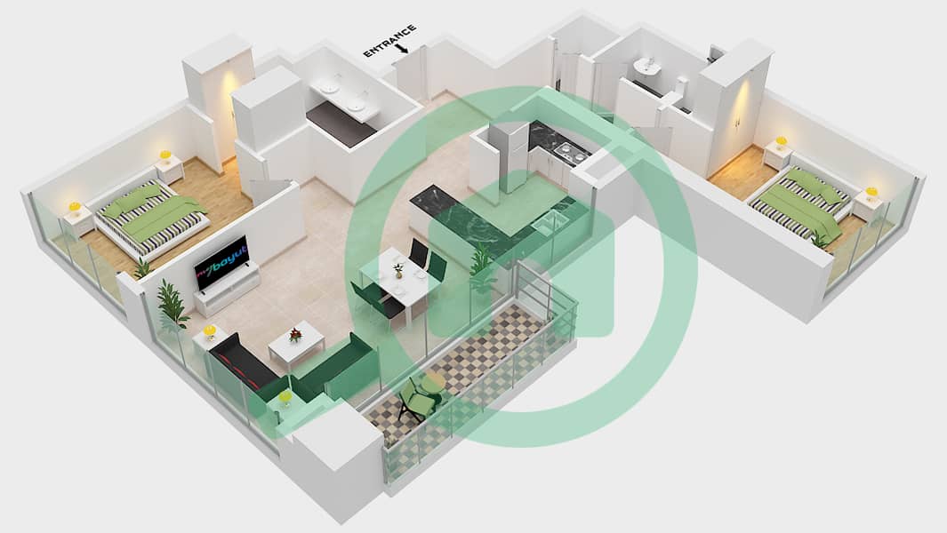 المخططات الطابقية لتصميم الوحدة UNIT 5 FLOOR 7-29 شقة 2 غرفة نوم - فورتي 2 Unit 5 Floor 7-29 interactive3D