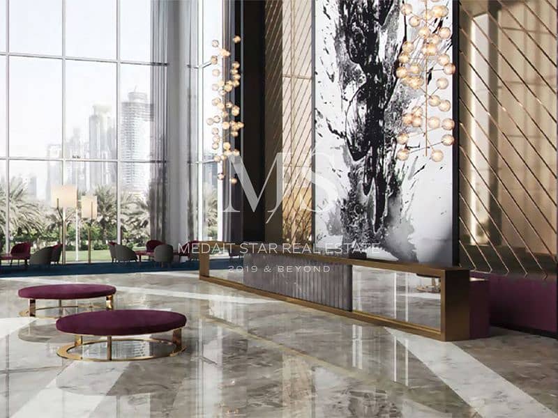 Overlooks the new Dubai Canal network and forms the gateway to the glamorous Burj area
