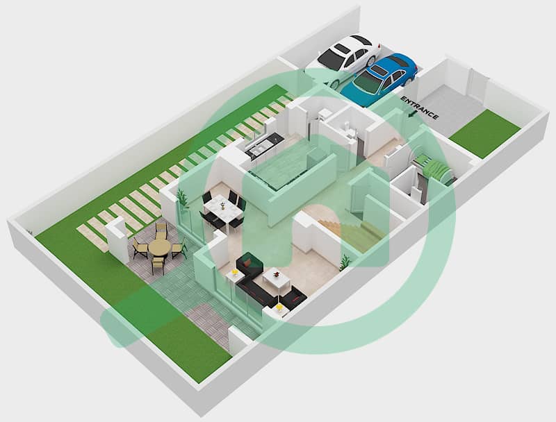 المخططات الطابقية لتصميم النموذج 2B فیلا 4 غرف نوم - مجتمع أزهى Ground Floor interactive3D