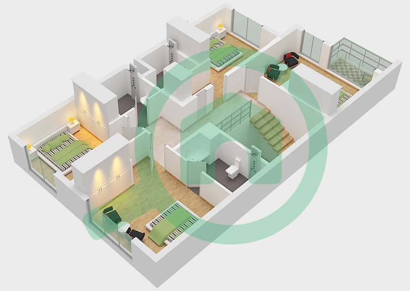 المخططات الطابقية لتصميم النموذج 2B فیلا 4 غرف نوم - مجتمع أزهى First Floor interactive3D