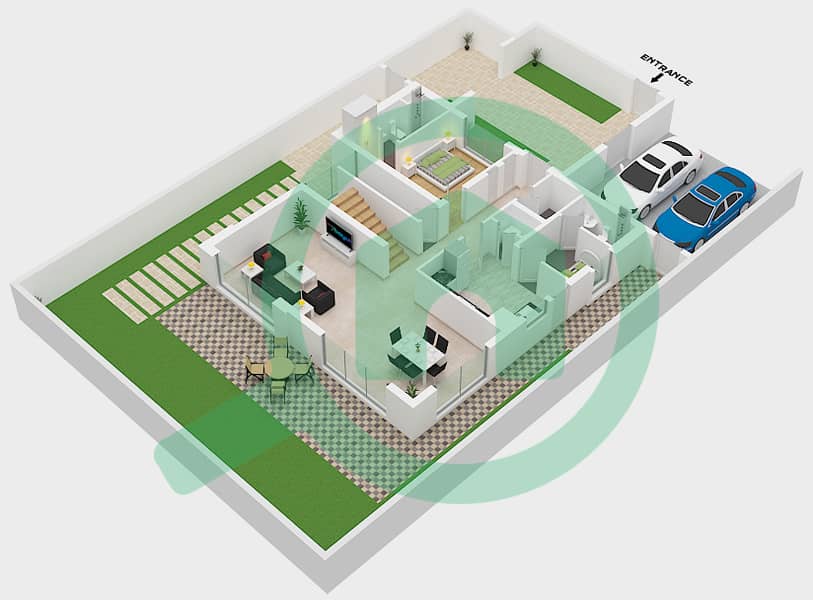 المخططات الطابقية لتصميم النموذج E فیلا 5 غرف نوم - مجتمع أزهى Ground Floor interactive3D