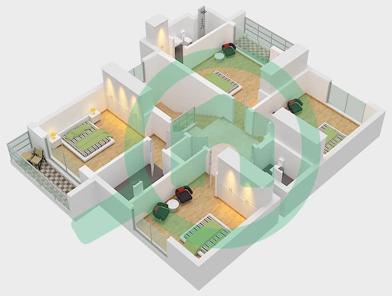 المخططات الطابقية لتصميم النموذج E فیلا 5 غرف نوم - مجتمع أزهى First Floor interactive3D