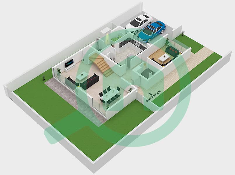 المخططات الطابقية لتصميم النموذج 1A تاون هاوس 4 غرف نوم - سيكويا Ground Floor interactive3D