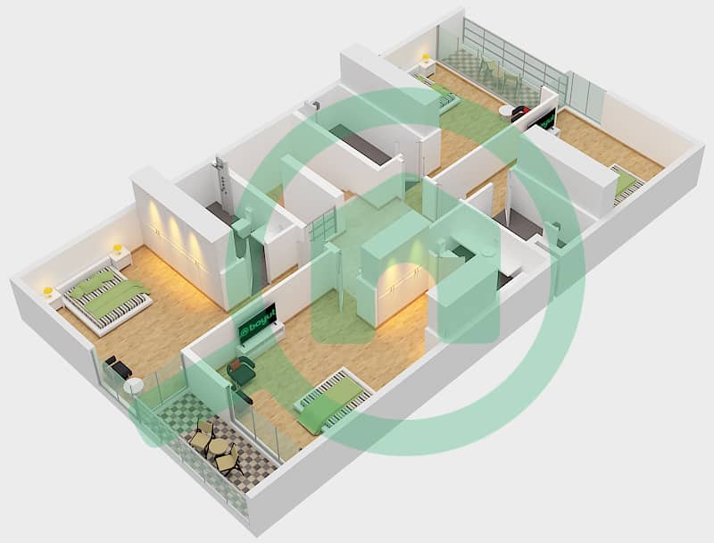 المخططات الطابقية لتصميم النموذج 1A تاون هاوس 4 غرف نوم - سيكويا First Floor interactive3D