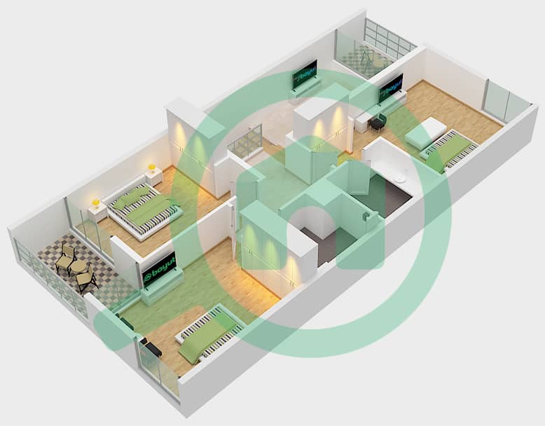 المخططات الطابقية لتصميم النموذج A تاون هاوس 3 غرف نوم - سيكويا First Floor interactive3D