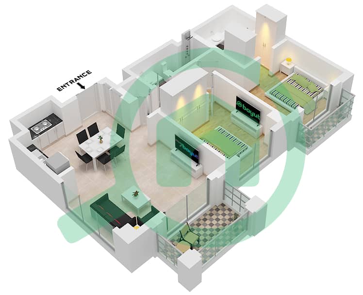 المخططات الطابقية لتصميم الوحدة 03-LEVEL 5 شقة 2 غرفة نوم - سانست في كريك بيتش interactive3D