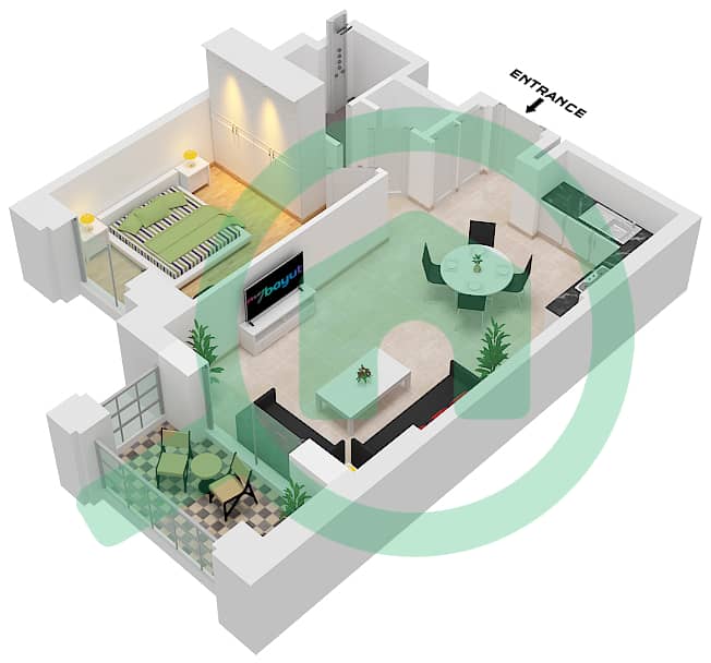 المخططات الطابقية لتصميم النموذج / الوحدة A1-UNIT-102-202-302-402 شقة 1 غرفة نوم - بناية لماع 1 interactive3D