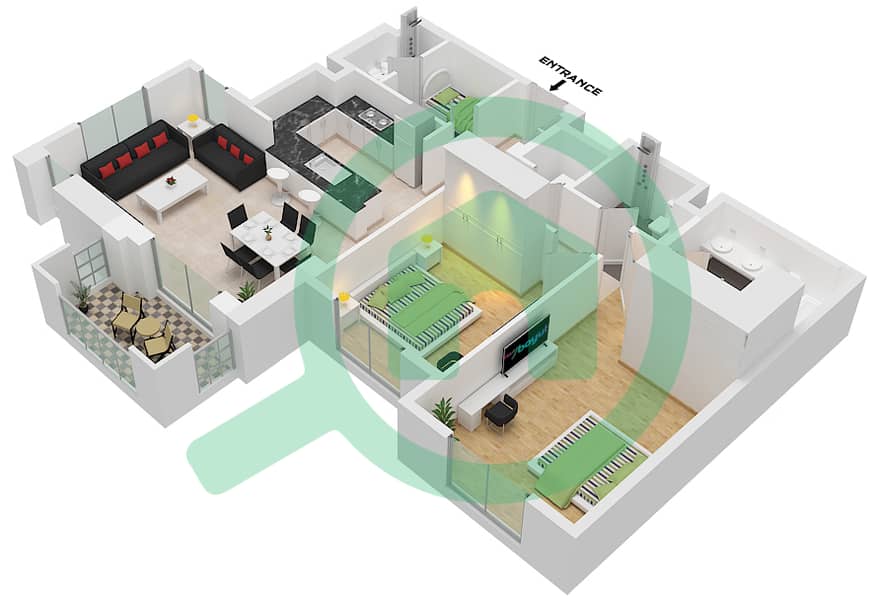 المخططات الطابقية لتصميم النموذج / الوحدة B1-UNIT-503-603-FLOOR 5,6 شقة 2 غرفة نوم - بناية لماع 1 interactive3D