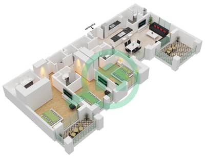 المخططات الطابقية لتصميم النموذج / الوحدة B1-UNIT-205-305-405 شقة 3 غرف نوم - بناية لماع 1