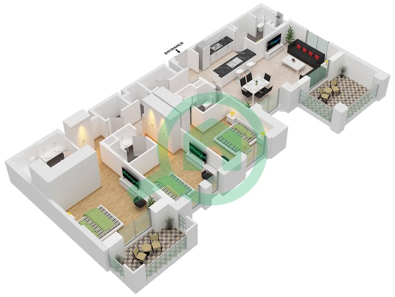 المخططات الطابقية لتصميم النموذج / الوحدة B1-UNIT-704-FLOOR 7 شقة 3 غرف نوم - بناية لماع 1 interactive3D