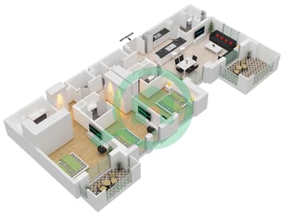 المخططات الطابقية لتصميم النموذج / الوحدة B1-UNIT-804-904-FLOOR 8,9 شقة 3 غرف نوم - بناية لماع 1