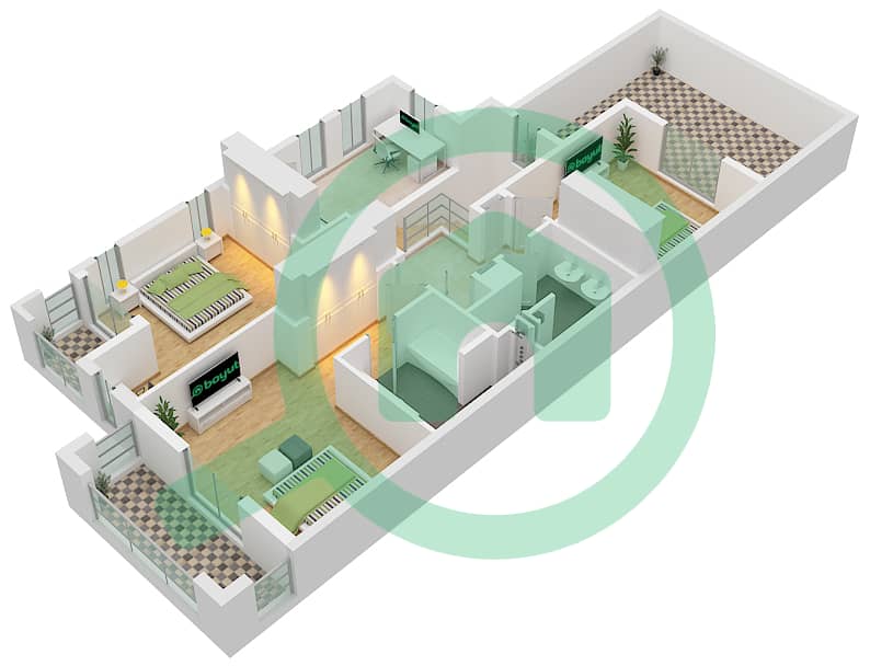 穆什里夫村 - 3 卧室联排别墅类型／单位5A / 29,37,51,65,79戶型图 First Floor interactive3D