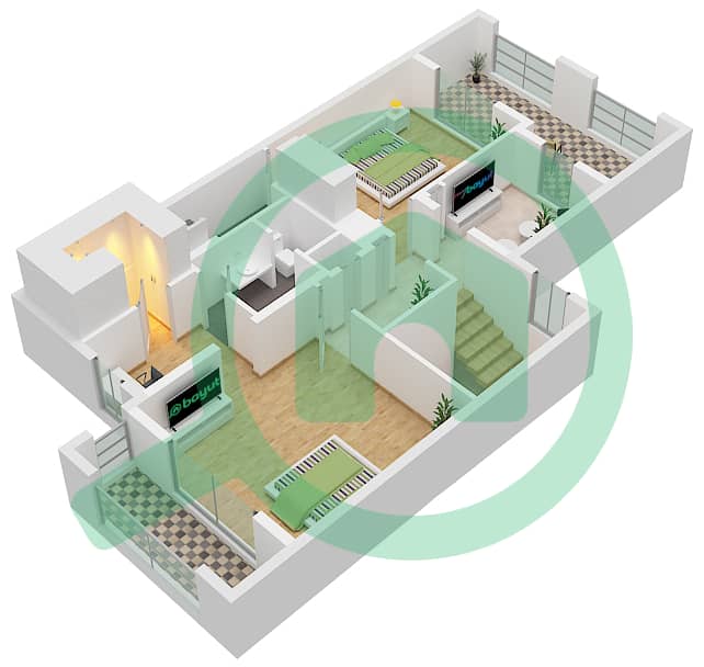 المخططات الطابقية لتصميم النموذج / الوحدة 5B / 27,39,53,67,81 تاون هاوس 2 غرفة نوم - قرية مشرف First Floor interactive3D